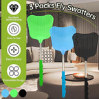3 Pack Fly Swatters Set - Plastic Fly Swatters Heavy Duty - Fly Swatters with Stainless Steel Handle for Indoor and Outdoor - Blue + Green + Black