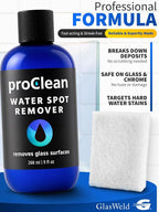 GlasWeld ProClean Hard Water Stain Remover for Glass & Metal – Non-Acid Mineral Deposit & Water Spot Remover for Cars & Shower Glass Cleaner - Removes Hard Spots from Windows – with Applicator Pad