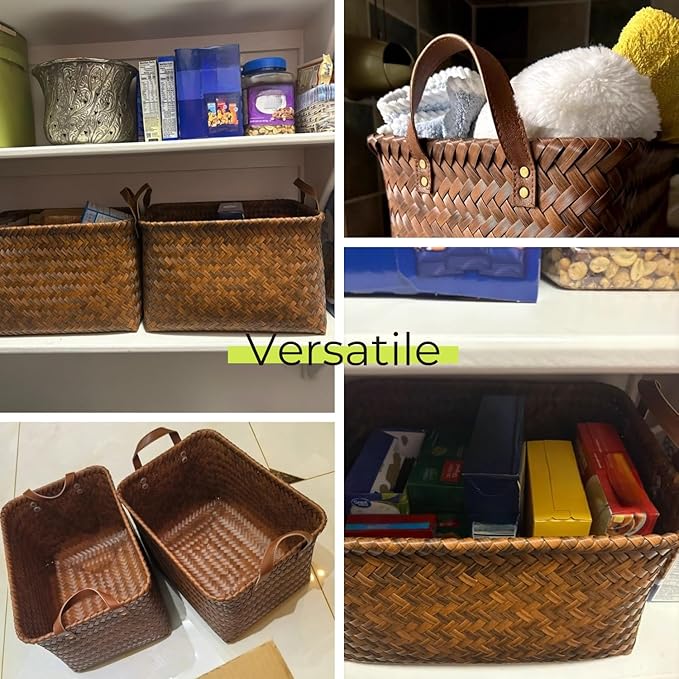 GIB Wicker Storage Baskets for Shelves, Woven Laundry Basket for Organizing Clothes Blanket Basket, Decorative Rectangular Closet Organizers Storage Bins with Handles, Brown, 4 Pack