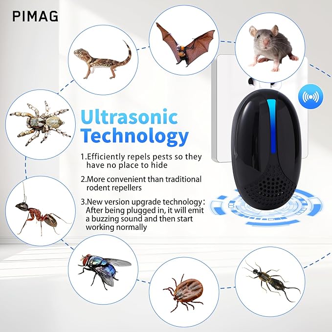 2026 Upgraded Ultrasonic Repeller Insect Indoor, Mouse Traps Repellent Insert Plug in, Pest Control Ant,Roach,Rodent, Mouse, Bugs, Mosquito, Spider, for Home, Office, Warehouse 6 Packs, Black