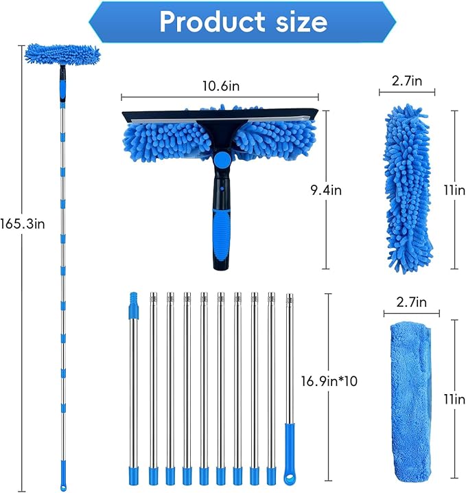 Window Squeegee Cleaning Tool, 2 in 1 Telescopic Window Cleaner Rotatable Window Washing Equipment for High Window, Interior Roof, Car Glass, Home