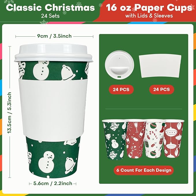 Christmas To Go Coffee Cups with Lids 16 oz Insulated Cups, 24 Packs Hot Cup for Chocolate/Coffee/Tea/Water/Juice, Coffee Bar Accessories with Lid & Sleeve, Christmas Cups Disposable Supplies