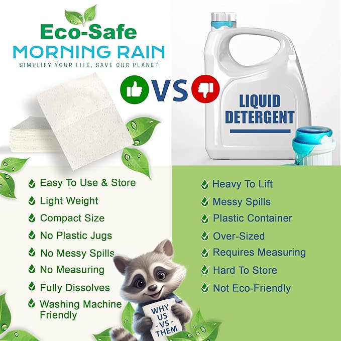 MorningRain Eco-Safe Laundry Detergent Sheets - Ingredients from Finland, Natural Scent, Bio-Enzyme Formula, Power clean, 30 Sheets (Up to 60 Loads) - Non-Toxic, Preservative-Free, Designed in USA
