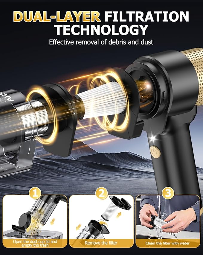 AHNR Handheld Car Vacuum Cleaner Cordless with 16000PA Powerful Suction, 4-in-1 Portable Mini Vacuum Cleaner & Air Duster with Multi-Accessories, Hand Held Vacuum Cordless Rechargeable for Car Home