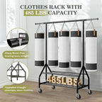Holiwei Clothes Rack with 2 Shelves, Heavy Duty Garment Rack Load 450 LBS, Standing Rolling Metal Hanging Clothes with Sturdy Wheels & Shelves