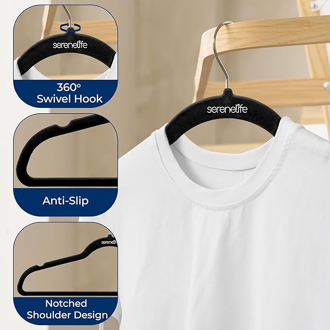 SereneLife 20 Pack Velvet Hangers – Non-Slip Clothes Hangers with Heavy Duty Design, Slim Space-Saving Coat Hangers with 360° Swivel Hook, Strong Lightweight Closet Organizer Set for Clothes (Black)