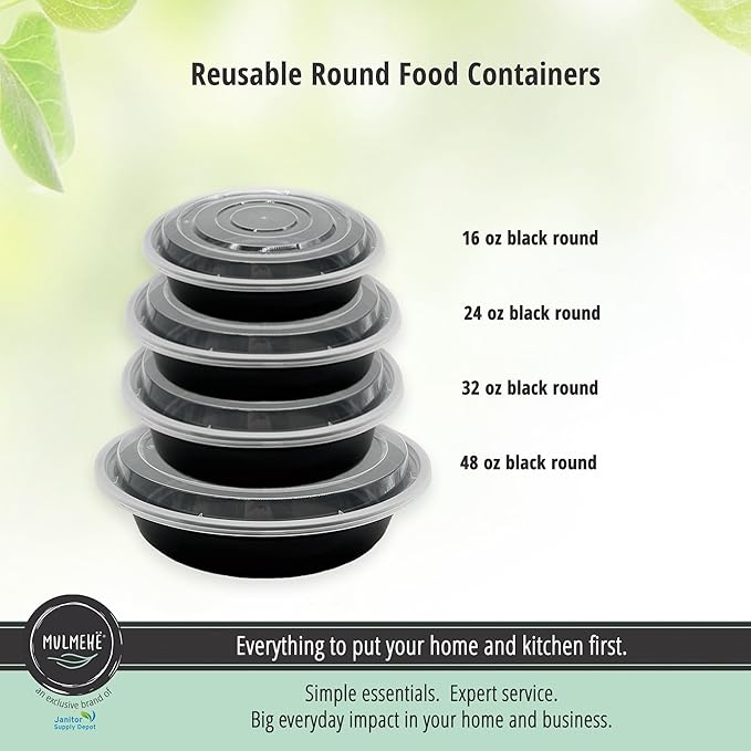 MULMEHË Plastic Meal Prep Take-Out Container and Lid Combo, 24 oz, Microwaveable, Round, Black, 7x1.5”, Set of 150