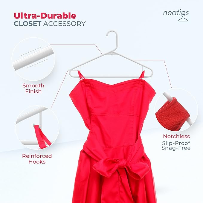 Neaties Plastic Hangers 100+ Pack (150 Count) – Made in the USA – 6lb Capacity Standard Clothes Hangers with Strap Hooks for Dresses, Lingerie, Shirts, Pants, and Jackets – White
