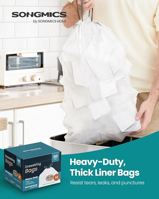 SONGMICS Trash Bags for 8-Gallon (30 L) Trash Cans, Drawstring Kitchen Garbage Bags, Pre-Separated, Quick-Dispense Box, Liner Code H, 4 Rolls, 160 Count, White UKRB031A04
