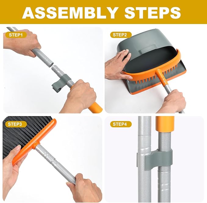 Broom and Dustpan Set with 54 Inch Long Handle - Perfect Dust Pan and Brush Combo for Home Efficient Cleaning (Orange and Grey)