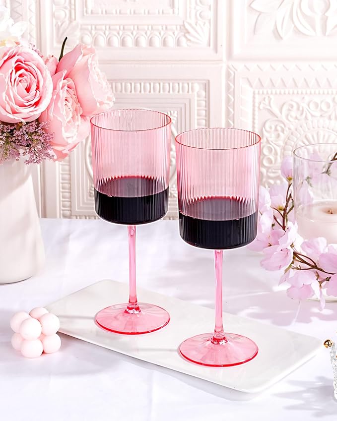 Ciaell 12 PCS Pink Plastic Ribbed Wine Glasses - 10 OZ Plastic Square Wine Glasses with Stem - Disposable Champagne Cups for Parties & Weddings & Party