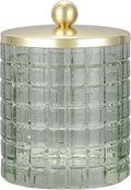 Sage Colored Tranlucent Apothecary Etched Geometric Grid Glass Jar W/Gold Metal Lid Cover for Bathroom Organization, Cotton Balls, Q Tips, and Small Accessories, Bathroom Storage