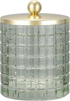 Sage Colored Tranlucent Apothecary Etched Geometric Grid Glass Jar W/Gold Metal Lid Cover for Bathroom Organization, Cotton Balls, Q Tips, and Small Accessories, Bathroom Storage