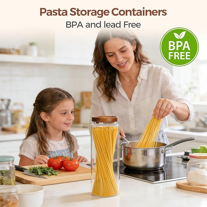ComSaf 3Pcs (1.7Qt) Airtight Glass Pasta Storage Containers with Acacia Wood Lids, Tall Pantry Storage Container for Organizing Spaghetti and Pasta, Thick Glass Spaghetti Container with Pasta Labels
