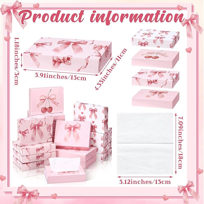 TaoBary 24 Packs Pink Bow Small Boxes of Tissues Car Facial Tissue Boxes Disposable Tissue Packs Cube Facial Tissues 2 Ply 960 Sheets for Holiday Party Bathroom Office Floral Home Decor