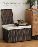 Storage Basket with Lid Rattan Storage Basket with 2 Separate Lid, 27.8 Gallon (105 L) 25.2 * 15.4 * 16.1 Inches Woven Wicker Baskets with 2 Liners and Handles for Bedroom Laundry-Brown
