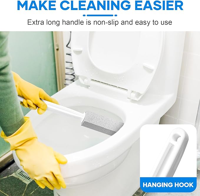 3 Pack Pumice Stone with Handle, Scouring Stick with Extra Long Handle, Powerfully Away Hard Water Ring, Limescale Stain, Calcium Buildup & Rust for Cleaning Toilet, Sink, Grill (Gray)