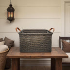 GIB Large Wicker Storage Baskets for Shelves, Woven Laundry Basket for Organizing Clothes Blanket Basket, Decorative Rectangular Closet Organizers Storage Bins with Handles, Black/Dark Gray, 4 Pack