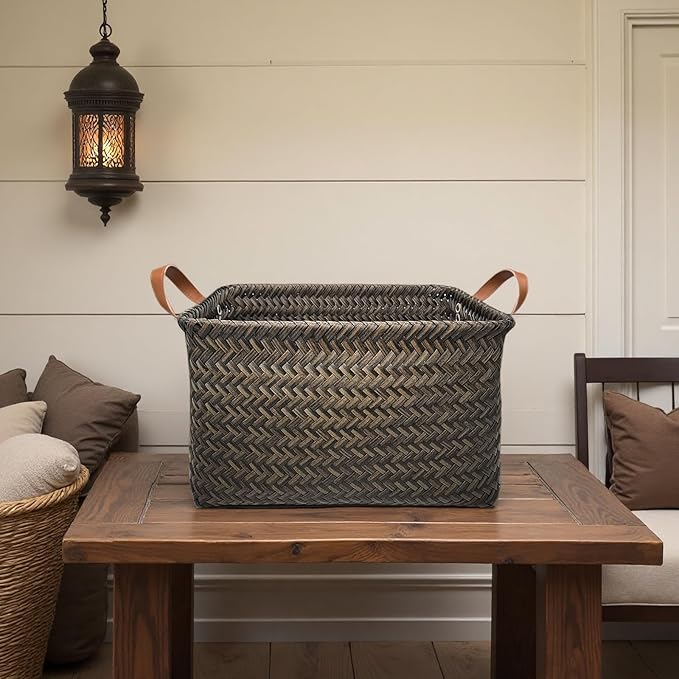 GIB Large Wicker Storage Baskets for Shelves, Woven Laundry Basket for Organizing Clothes Blanket Basket, Decorative Rectangular Closet Organizers Storage Bins with Handles, Black/Dark Gray, 4 Pack