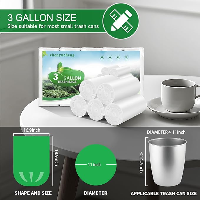 3 Gallon Mini Biodegradable Trash Bags - White Small Garbage Bags For Bathroom Can 100 Count 12 Liter Compostable Waste Basket Unscented Kitchen Office Car Liners Strong Thick Chenyucheng