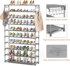 LANTEFUL 10 Tiers Shoe Rack 50 Pairs Large Capacity Tall Shoe Organizer Sturdy Shoe Storage with Two Hooks Space Saving Metal Wide Shoe Rack for Closet, Entryway, Bedroom, Grey