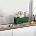 Suli Extra Large Kitchen Utensils Holder with 4 Compartments, Wooden Utensil Organizer for Kitchen Countertop, Farmhouse Decor, Rustic Cooking Utensil - Green grain