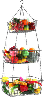 Hicarer 3 Tier Hanging Fruit Basket Square 35.4 Inch Fruit Organizer Kitchen Heavy Duty Wire Organizer with Metal Ceiling Hooks for Kitchen Vegetable Produce Storage