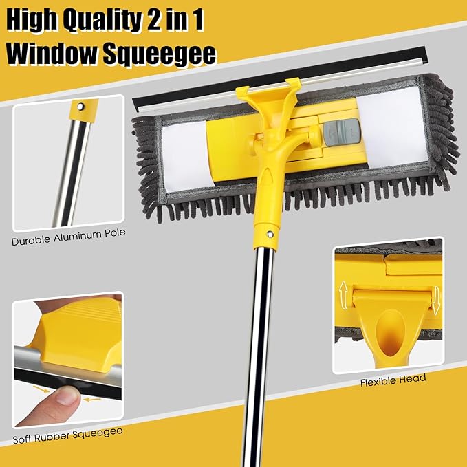 96" Long Handle Window Wall Cleaner Tool with Extension Pole,2 in 1 Large Window Squeegee with Cleaning Mop Tools Kit for Window/Wall/Baseboard/Floors Clean/Solar Panel Washer