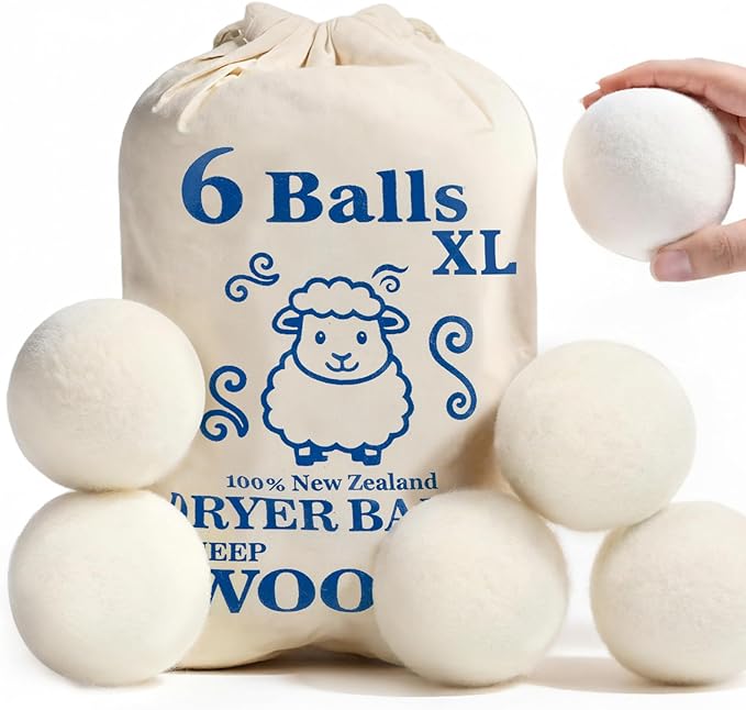 Large Wool Dryer Balls, New Zealand Dryer Balls Laundry Reusable Reduce Static Cling, Dryer Ball to Reduce Wrinkles & Shorten Drying Time, Drying Balls Fabric Softener Ball for Laundry（Pack of 6 XL)