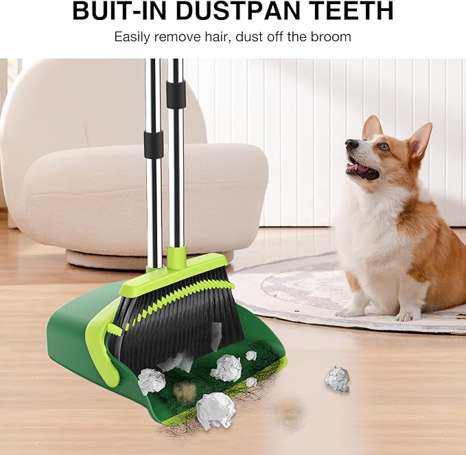 Broom and Dustpan Set, 52-in Long Adjustable Handle Broom Dustpan Combo with Dust pan Teeth to Automatically Clean Hair Suitable for Home Kitchen Office Hall Floor (Green), 4 Pack