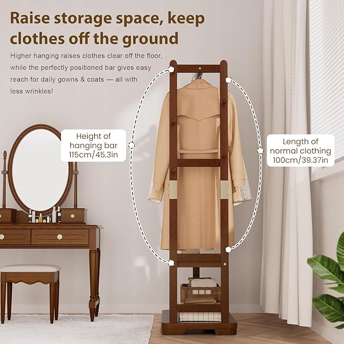 Taitiy Coat Rack Solid Wood Clothes Rack with 2 Shelves & 4 Hooks for Hanging Clothes Garment Wallets Hats, Clothing Rack Heavy Duty Coat Rack Freestanding with Storage Hall Tree for Hallway Bedroom