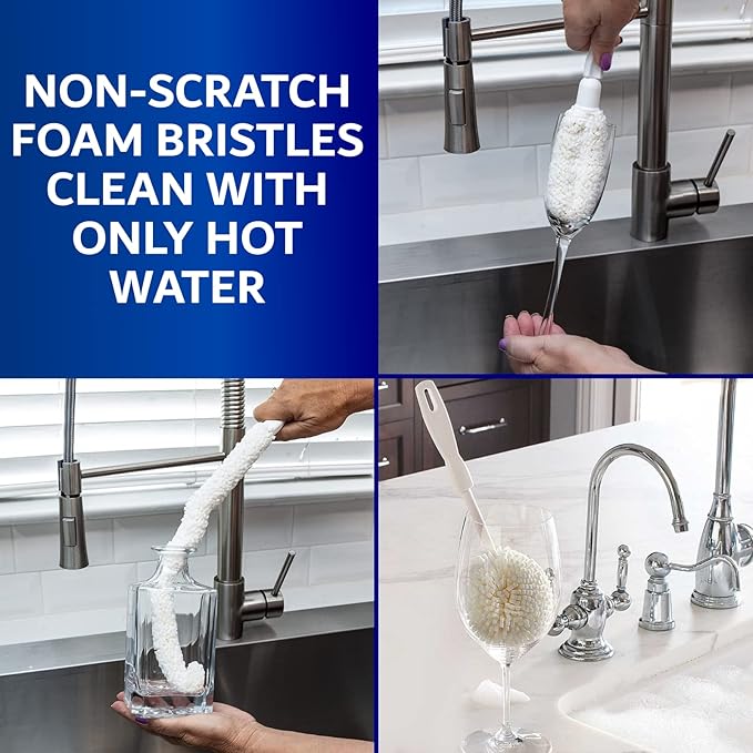 Set of 3 Glassware Cleaning Brush Kit - Non-Scratch, Foam Wine Glass Cleaning Brush Set for Glassware, Decanter, Mug, Stemware - for Home, Restaurant, Bar, Hotel - by FryOilSaver Co.