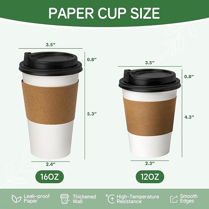 12 oz Coffee Cups with Lids and Sleeves 100 Pack, White Leak-Proof Disposable Coffee Cups for Hot/Cold Beverages, Party Supplies, To-Go Paper Cups for Coffee, Tea, Office, Picnic