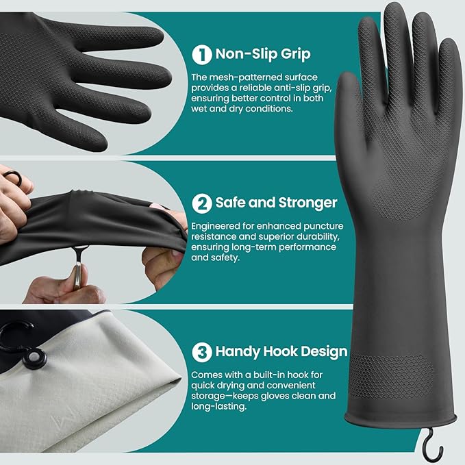 4 Pairs Rubber Dishwashing Gloves with Hanging Hooks - Reusable Cleaning Gloves for Kitchen & Household, Non-Slip, Durable and Flexible (Small, 4 Colors)