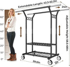 HYSEYY Heavy Duty Clothes Rack, Rolling Clothing Rack With Shelves Load 620 LBS, Double Rod Clothing Racks for Hanging Clothes, Portable& Adjustable Clothes Rack with Wheels,Black