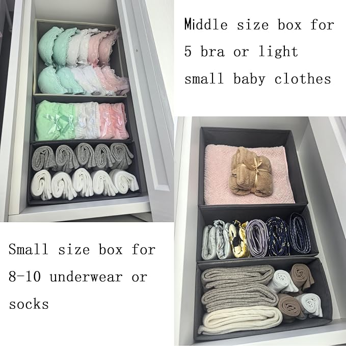 Bructhun Foldable Fabric Drawer Organizer Set 4 Pack Dresser Dividers - Sock Underwear Storage Bins Gray