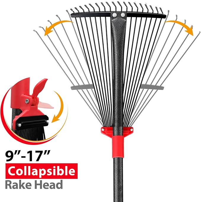 Rake, Adjustable Rakes for Leaves with 9”-17” Head, Rakes for Lawns Heavy Duty, 60 in Garden Rake with 18 Clog-Free Tines, Long Handle, Metal Gardening Tool, Fast Cleanup, Easy Carry for Camping