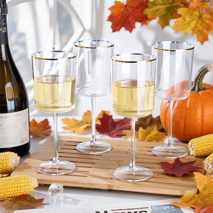 Ciaell 12 Pack Plastic Wine Glasses - 10 Oz Plastic Wine Glasses with Stem - Gold Rim Disposable Cups for Parties & Weddings & Poolside & Toasting & Outdoors & Thanksgiving
