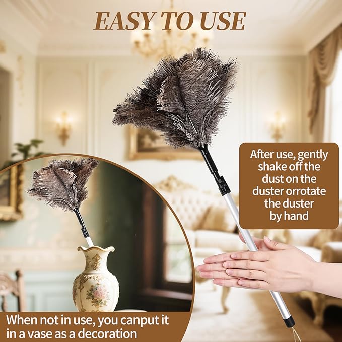 Extendable Ostrich Feather Duster up to 25-49 inches Fluffy Feathers Long Handle Reusable for Cleaning Ceiling Fan Pendant lamp Feather Duster 1pcs
