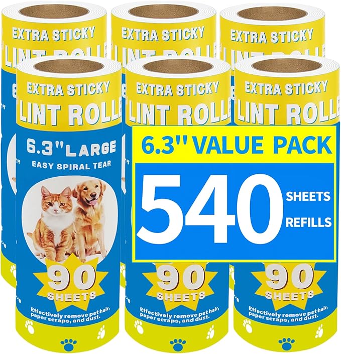 Large Lint Roller Refills for Pet Hair Sheets Extra 6.3 Inch 540Sticky Portable Pet Lint Remover for Clothes, Floor, Furniture, Carpet, Dog and Cat Hair Removal