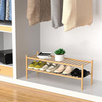 ROMGUAR CRAFT 2-Tier Bamboo Long Shoe Rack, Free Standing Wood Shoe Shelf Storage Organizer for Closet Entryway Stackable 35"x11"x13" (Natural)