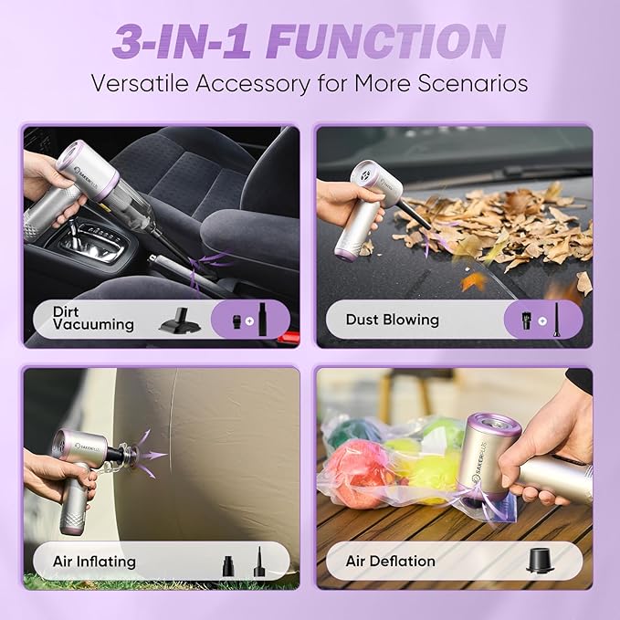 Mini Vacuum Cleaner, 3 in 1 Cordless Handheld Vacuum Cleaners, 18000Pa High Power Car Vacuum Cleaner with Brushless Motor,Adjustable Car Vaccum Portable for Cars,Desktop (Sliver and Purple)