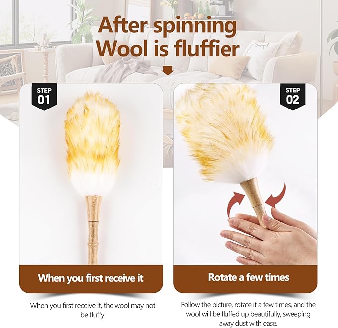 Lambswool Duster for Cleaning with Solid Wooden Handle Leather Hang Strap 14.9 inch Natural Feather Duster for Cleaning Ceiling Fans Window Blinds Computer Furniture(2 Pack)