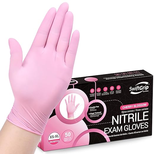 Nitrile Disposable Gloves - Medical Exam Gloves, Latex-Free, Pink, Powder-Free, 50-ct Box (XL)