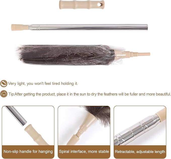 Extendable 94.5 Inch Ostrich Feather Duster with Extension Used for Home Cleaning Ceilings Furniture Fans Washable（210cm Telescopic Rod,Grey）