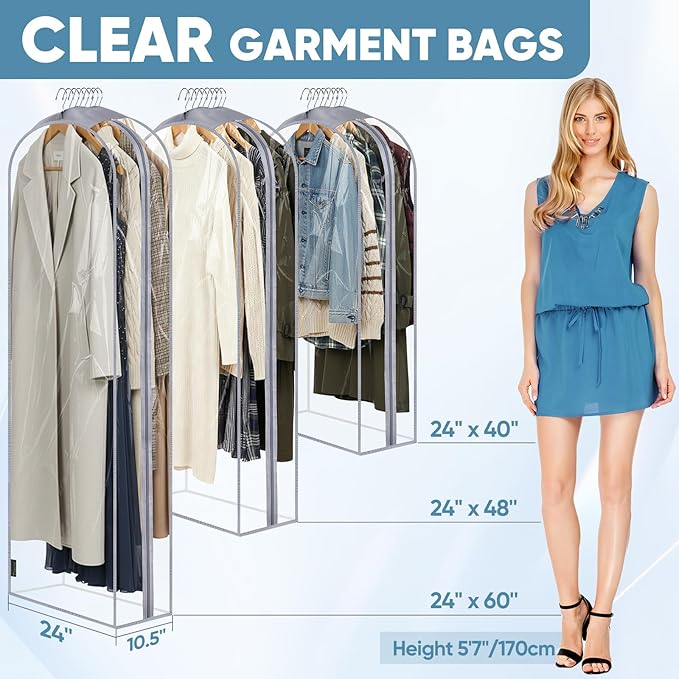 BALEINE 40'' Clear Garment Bags, 10.5'' Wide PEVA Suit Bag for Closet Clothes Dresses Suit Coats Storage (Clear, 3PK)