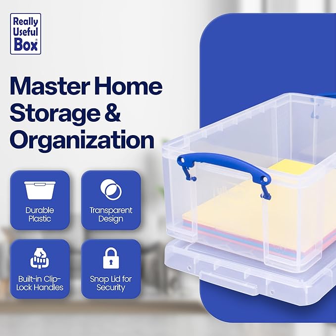 Really Useful Box Stackable 9 Liter Plastic Storage Container Bin with Snap Lid and Built-In Clip Lock Handles for Home & Office Organization (3 Pack)