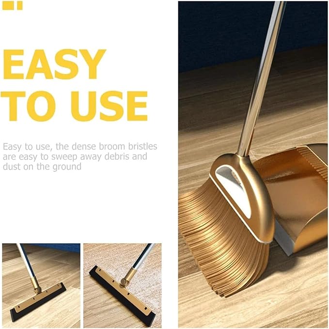 Gold Broom Dustpan Set Folding Dustpan Long Handle Rubber Wiper Space-Saving Floor Cleaner Kit Household Cleaning Accessory for Cleaning(Gold-3pcs)