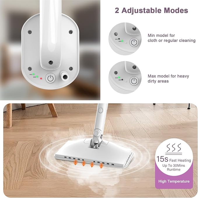 7-in-1 Steam Mop, 1200W Rotated Steam Cleaner for Home, 2 Modes, 400ML Removable Tank, 23FT Power Cable, 2 Washable Pads, Steamer for Hard Floor, Laminate Floor, Tiles Cleaning（Onion White）