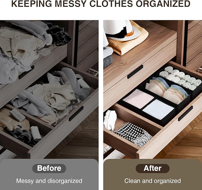 DIMJ Drawer Organizers - Set of 4 Foldable Closet Dividers for Baby Clothes, Socks, Belt, Tie (Black)
